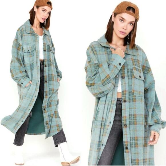 Free People Plaid Long Ruby Jacket Shacket Coat Sage Small Grunge 90s Distressed - Picture 11 of 12